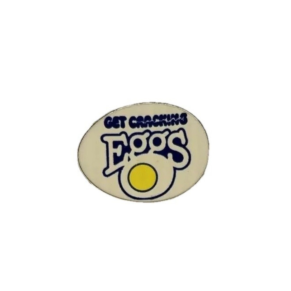 Ontario "Get Cracking Eggs" VINTAGE Lapel Pin White, Blue, & Yellow